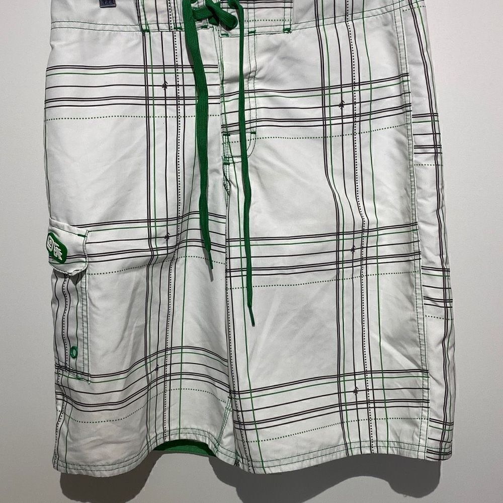Gotcha Mens Plaid Board Shorts White Green Black Cargo Pocket Size 28